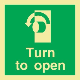 Turn To Open Left Photoluminescent Sign 100mm x 100mm