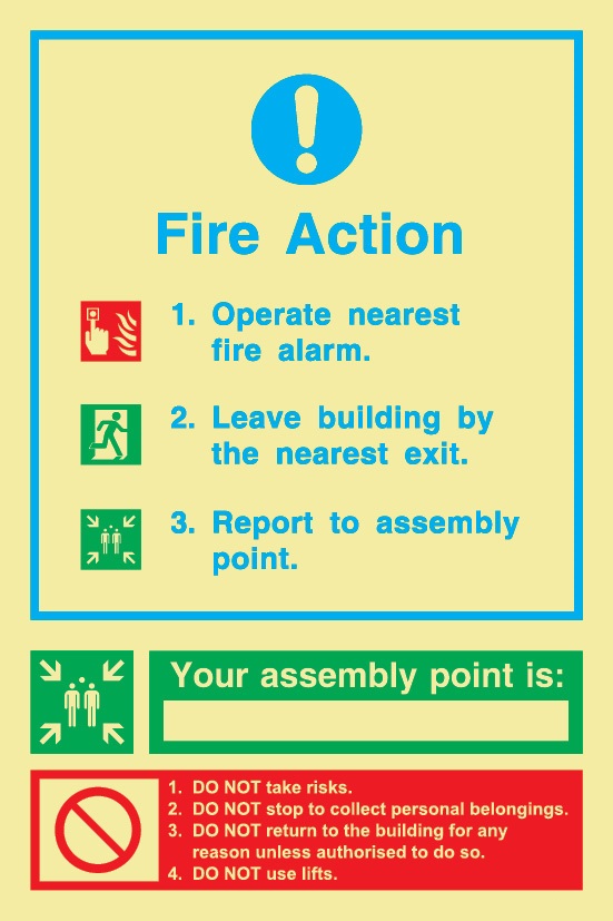 Assembly Point Fire Action Sign Rigid Plastic Photoluminescent