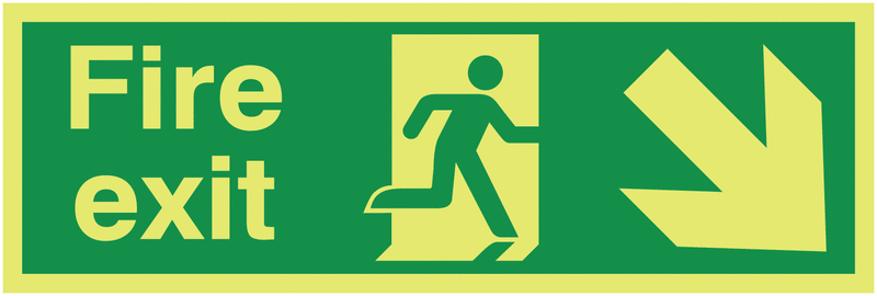 Arrow Down Right Fire Exit Photoluminescent Sign 300mm x 100mm